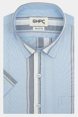 Mens 100% Cotton Balance Striped Half Sleeves Shirt (Blue)