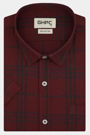 Men's 100% Cotton Grid Tattersall Checkered Half Sleeves Shirt (Red)