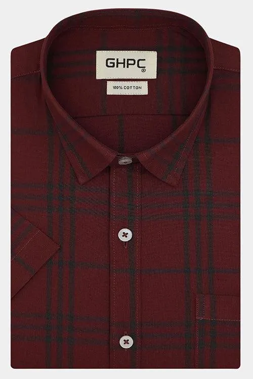 Men's 100% Cotton Grid Tattersall Checkered Half Sleeves Shirt (Red)