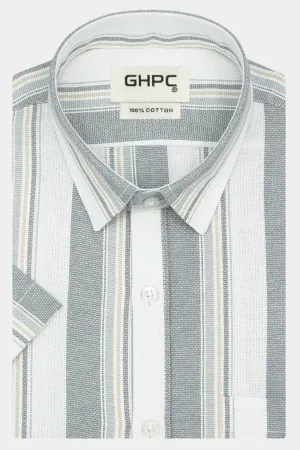 Men's 100% Cotton Striped Half Sleeves Shirt (Grey)