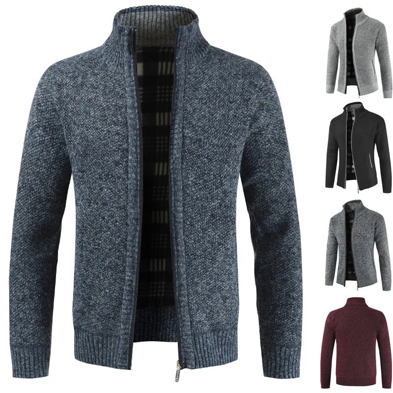 Men's Jacket Slim Fit Stand Collar Zipper Solid Cotton Thick Warm Sweater