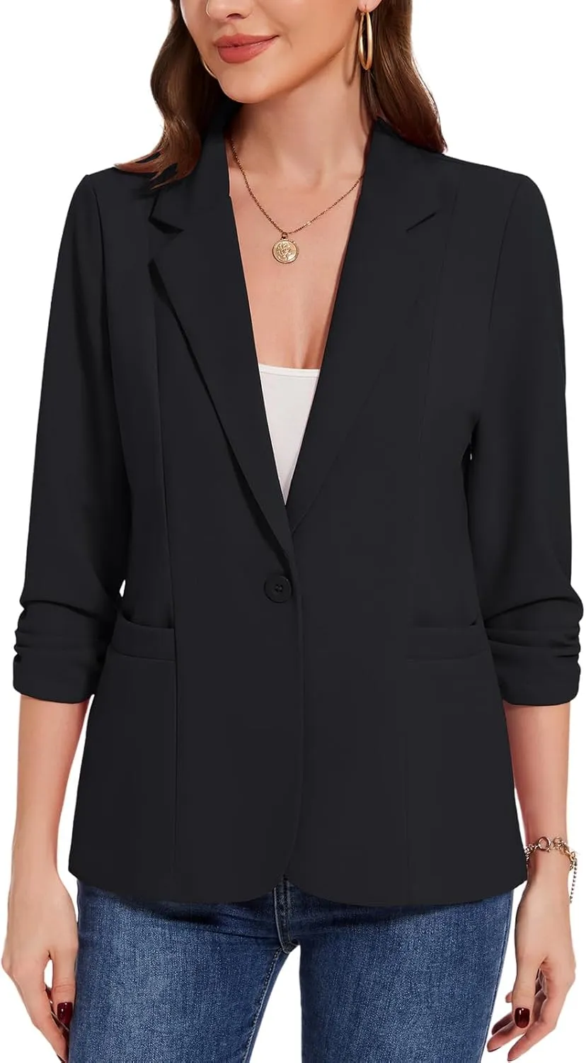 MINTLIMIT Womens Casual Blazers 3/4 Ruched Sleeve One Button Blazer Lapel Collar Business Office Suit Jacket with Pockets