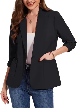 MINTLIMIT Womens Casual Blazers 3/4 Ruched Sleeve One Button Blazer Lapel Collar Business Office Suit Jacket with Pockets