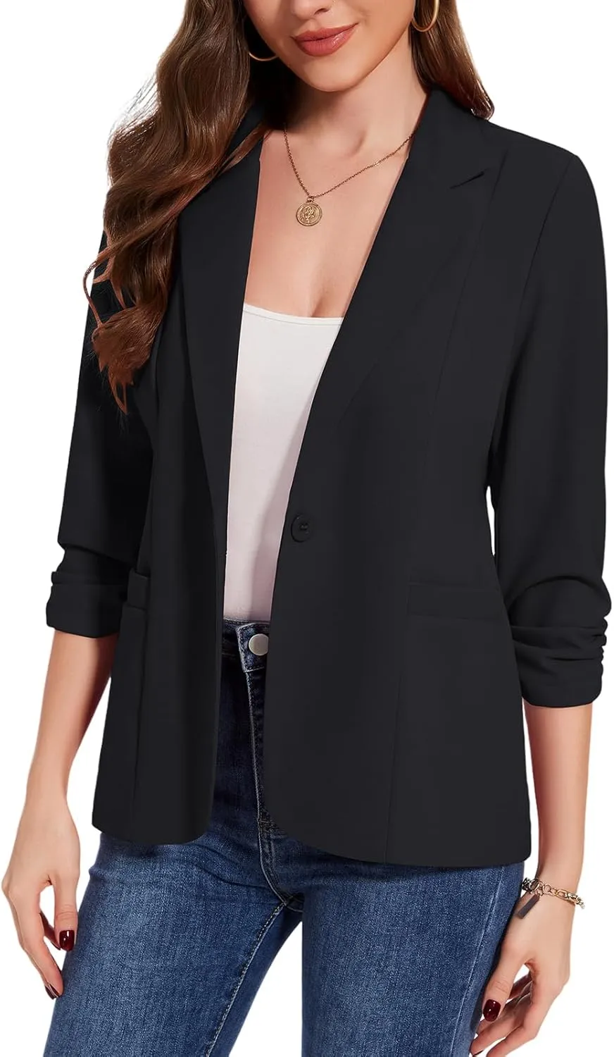MINTLIMIT Womens Casual Blazers 3/4 Ruched Sleeve One Button Blazer Lapel Collar Business Office Suit Jacket with Pockets