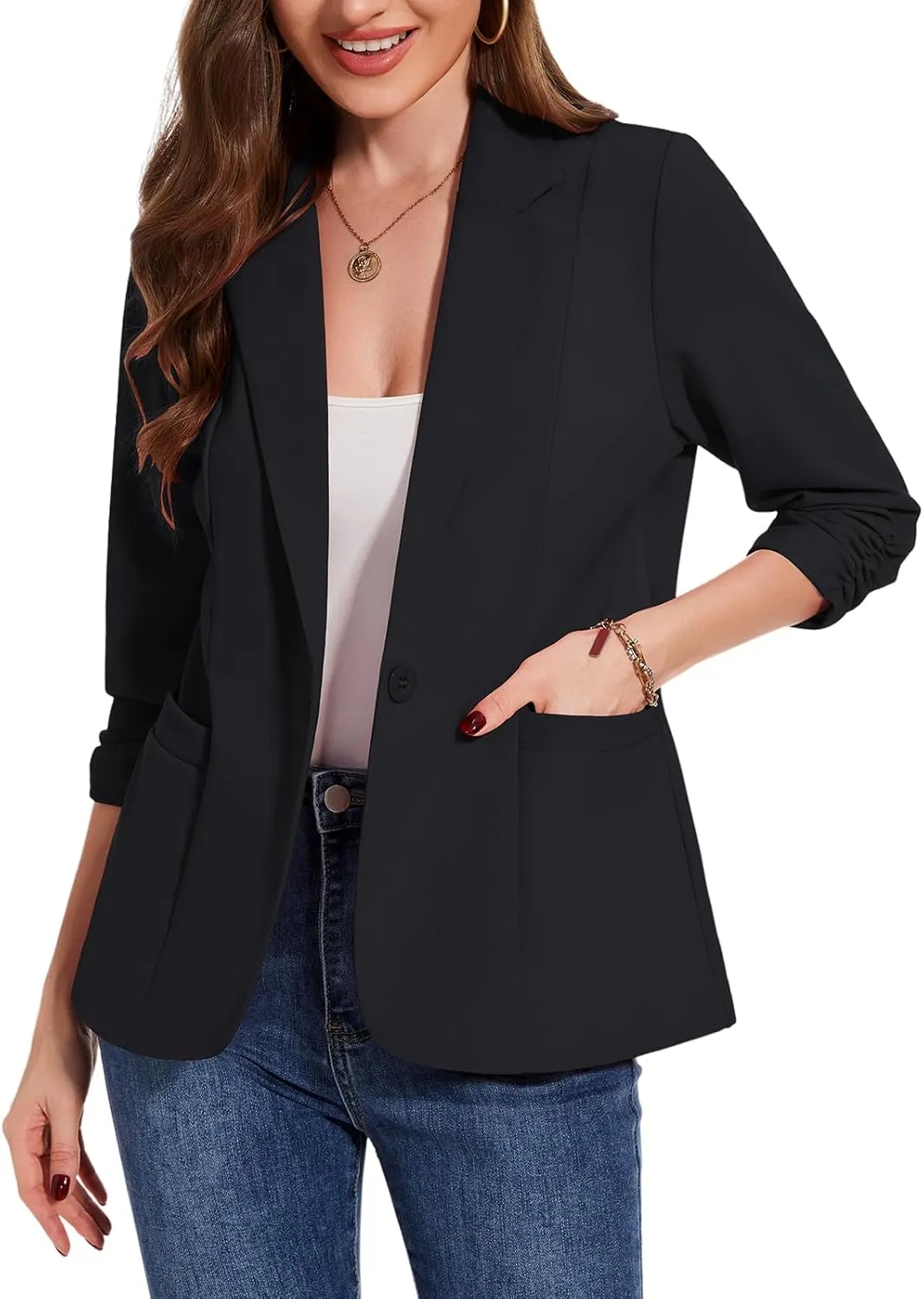 MINTLIMIT Womens Casual Blazers 3/4 Ruched Sleeve One Button Blazer Lapel Collar Business Office Suit Jacket with Pockets