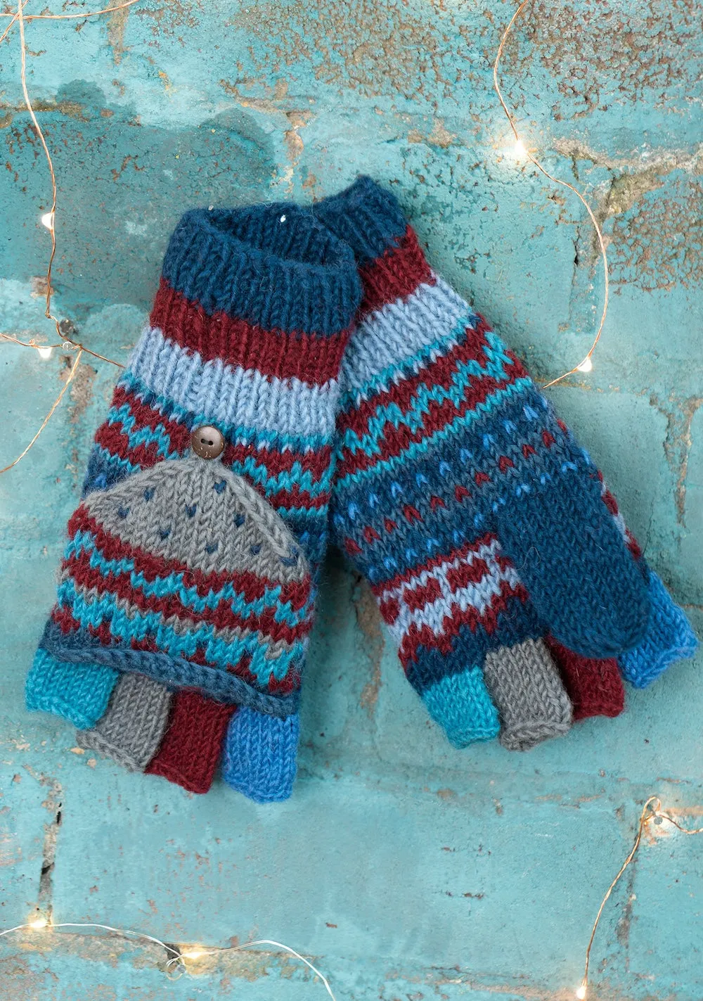 New Zealand Wool Hunter Gloves Blue Multi Colours Striped Pattern