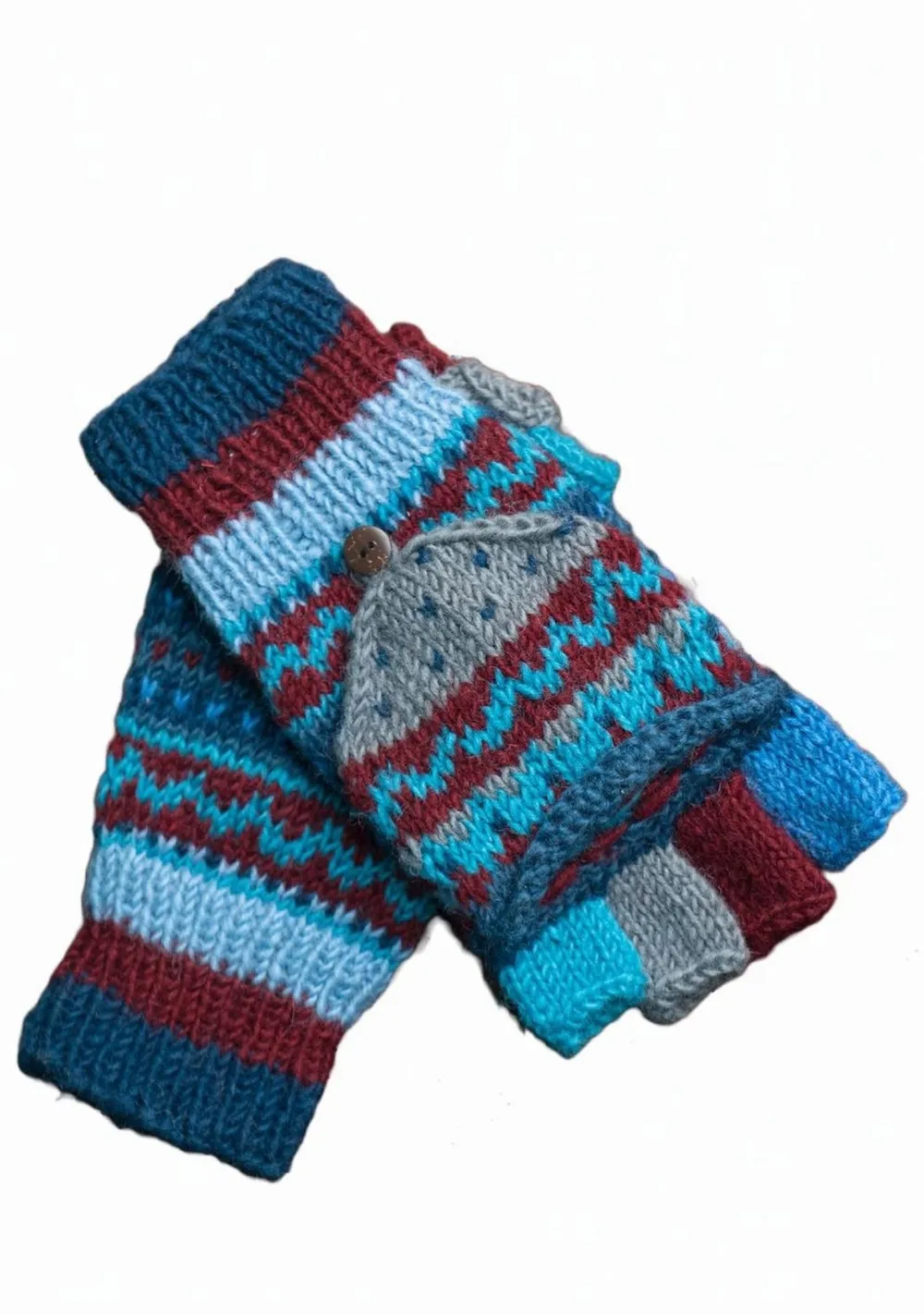 New Zealand Wool Hunter Gloves Blue Multi Colours Striped Pattern