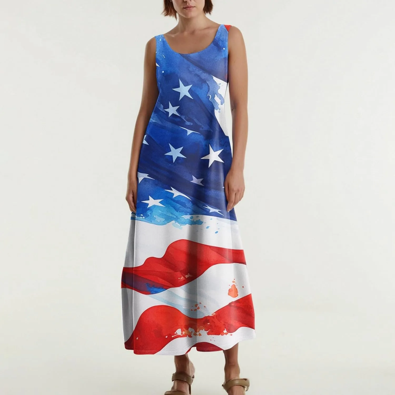 Patriotic Dress for Women Memorial Day USA Maxi Sundress American Flag Dresses Red White and Blue 4th of July Outfits
