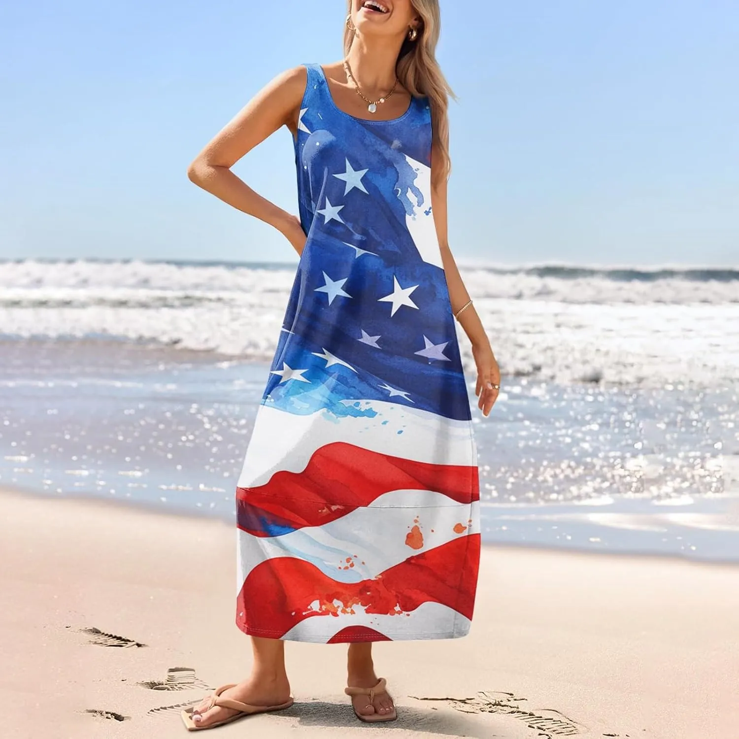 Patriotic Dress for Women Memorial Day USA Maxi Sundress American Flag Dresses Red White and Blue 4th of July Outfits