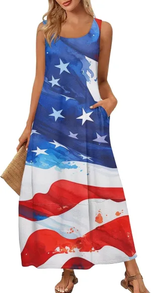 Patriotic Dress for Women Memorial Day USA Maxi Sundress American Flag Dresses Red White and Blue 4th of July Outfits