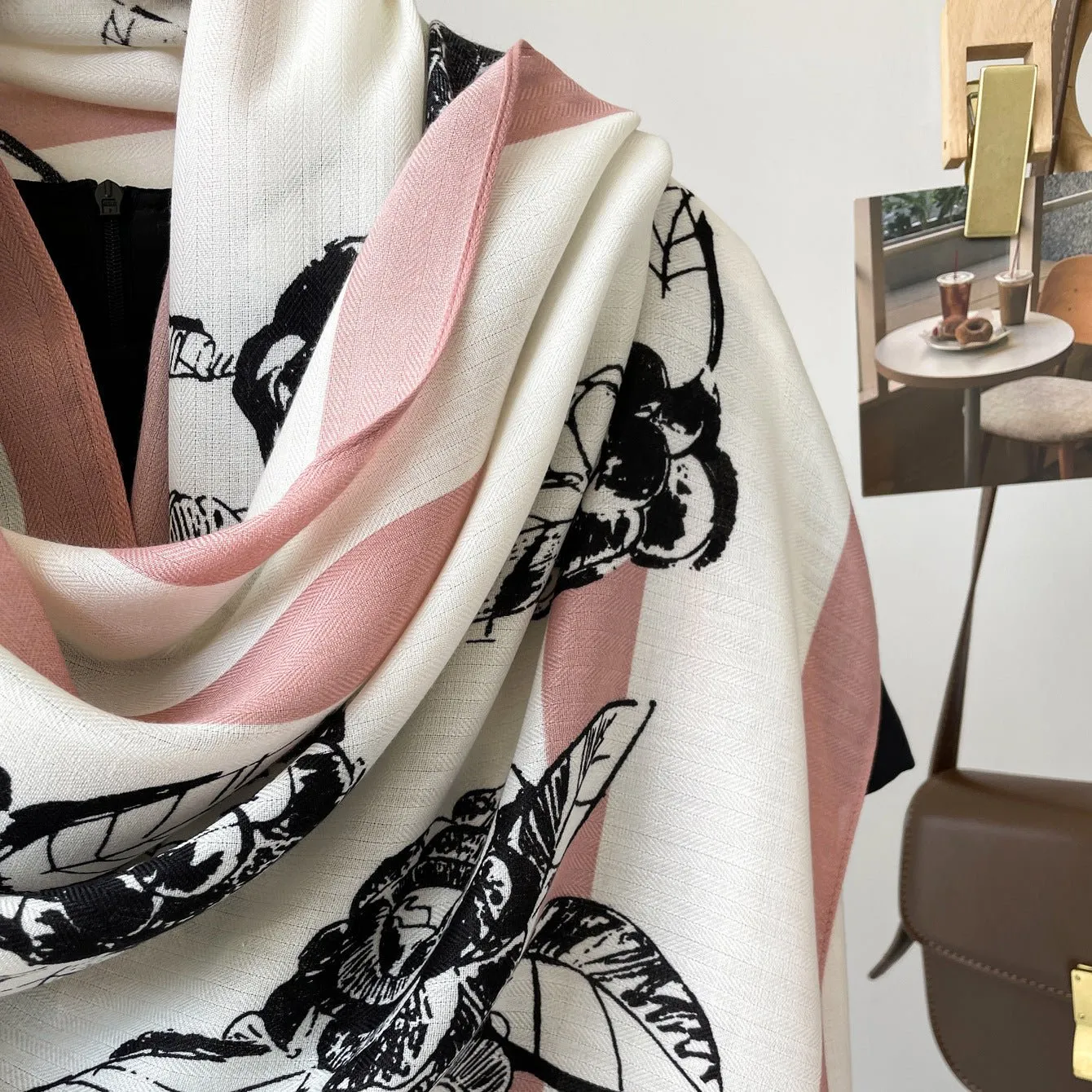 Pink Striped Black Floral Design Luxury Viscose Scarf