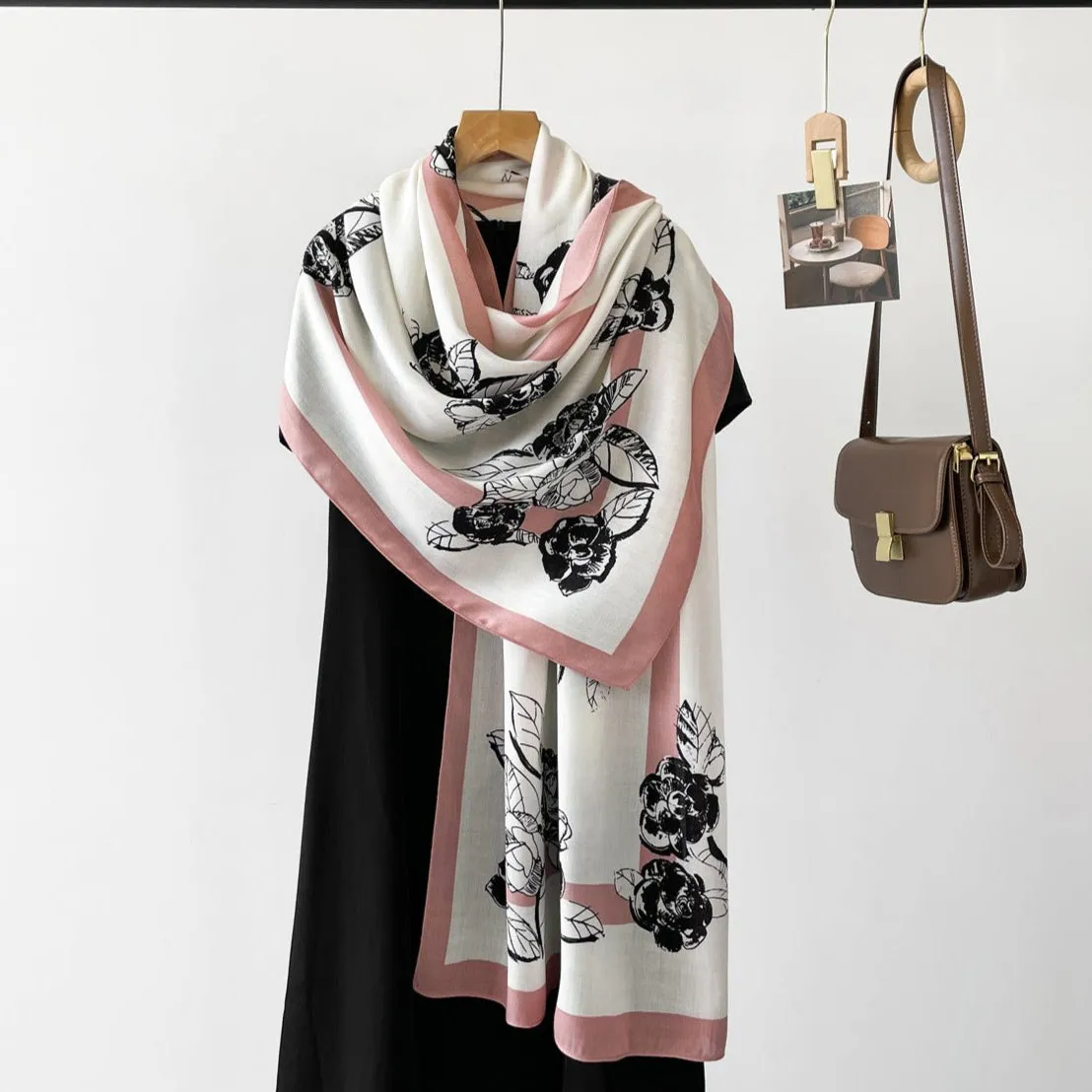 Pink Striped Black Floral Design Luxury Viscose Scarf