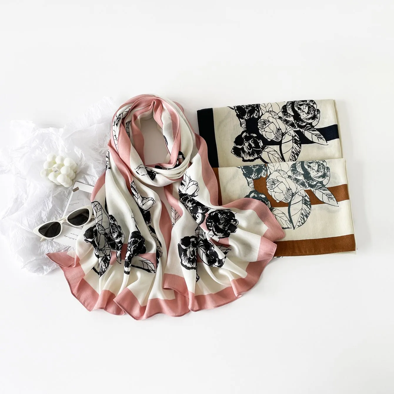 Pink Striped Black Floral Design Luxury Viscose Scarf
