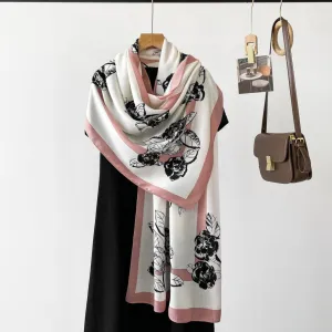 Pink Striped Black Floral Design Luxury Viscose Scarf