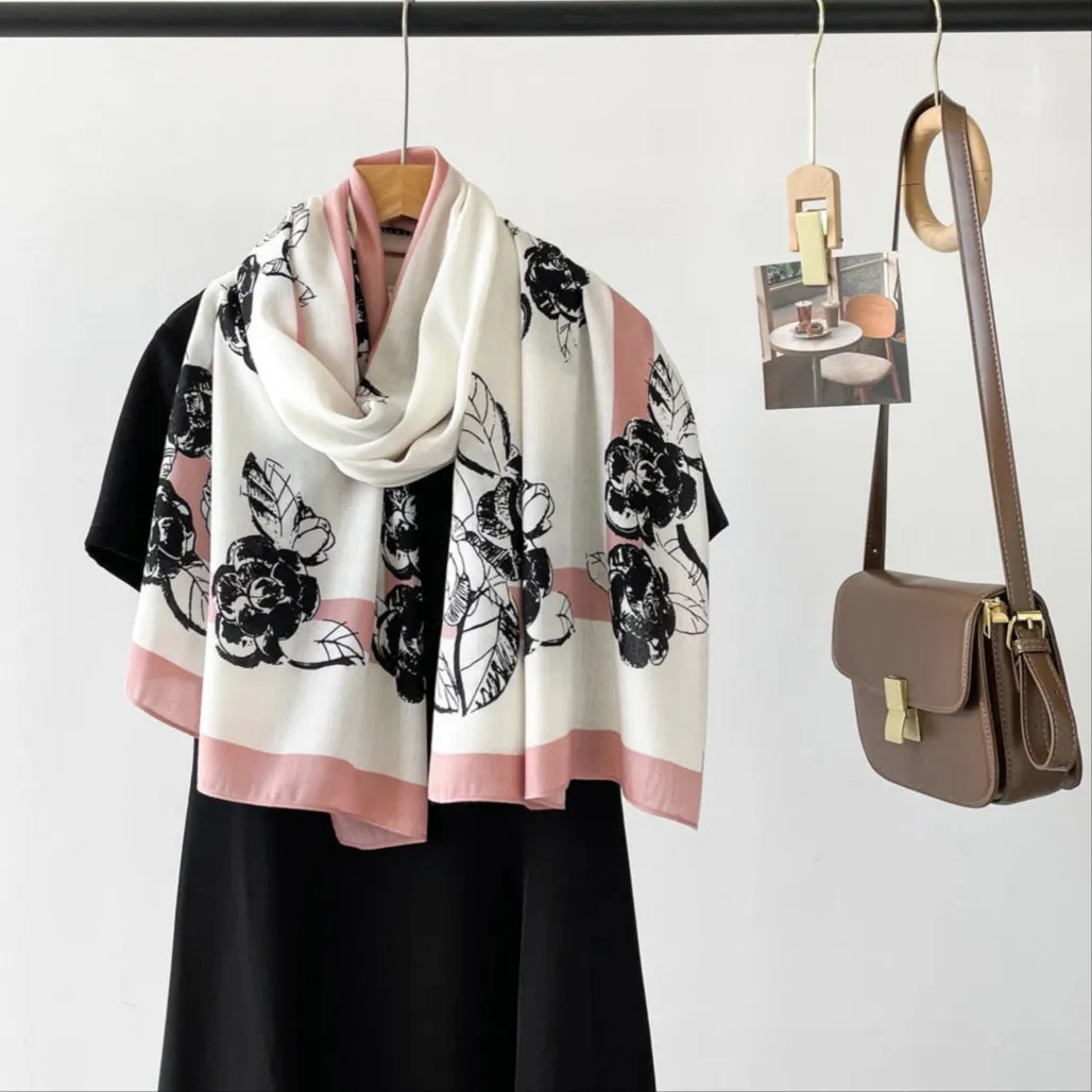 Pink Striped Black Floral Design Luxury Viscose Scarf