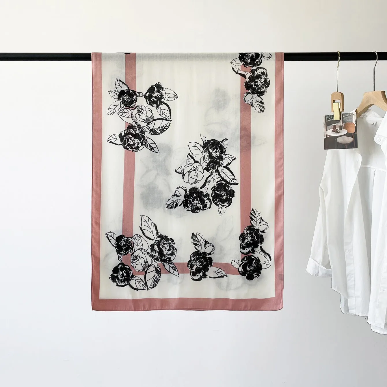 Pink Striped Black Floral Design Luxury Viscose Scarf
