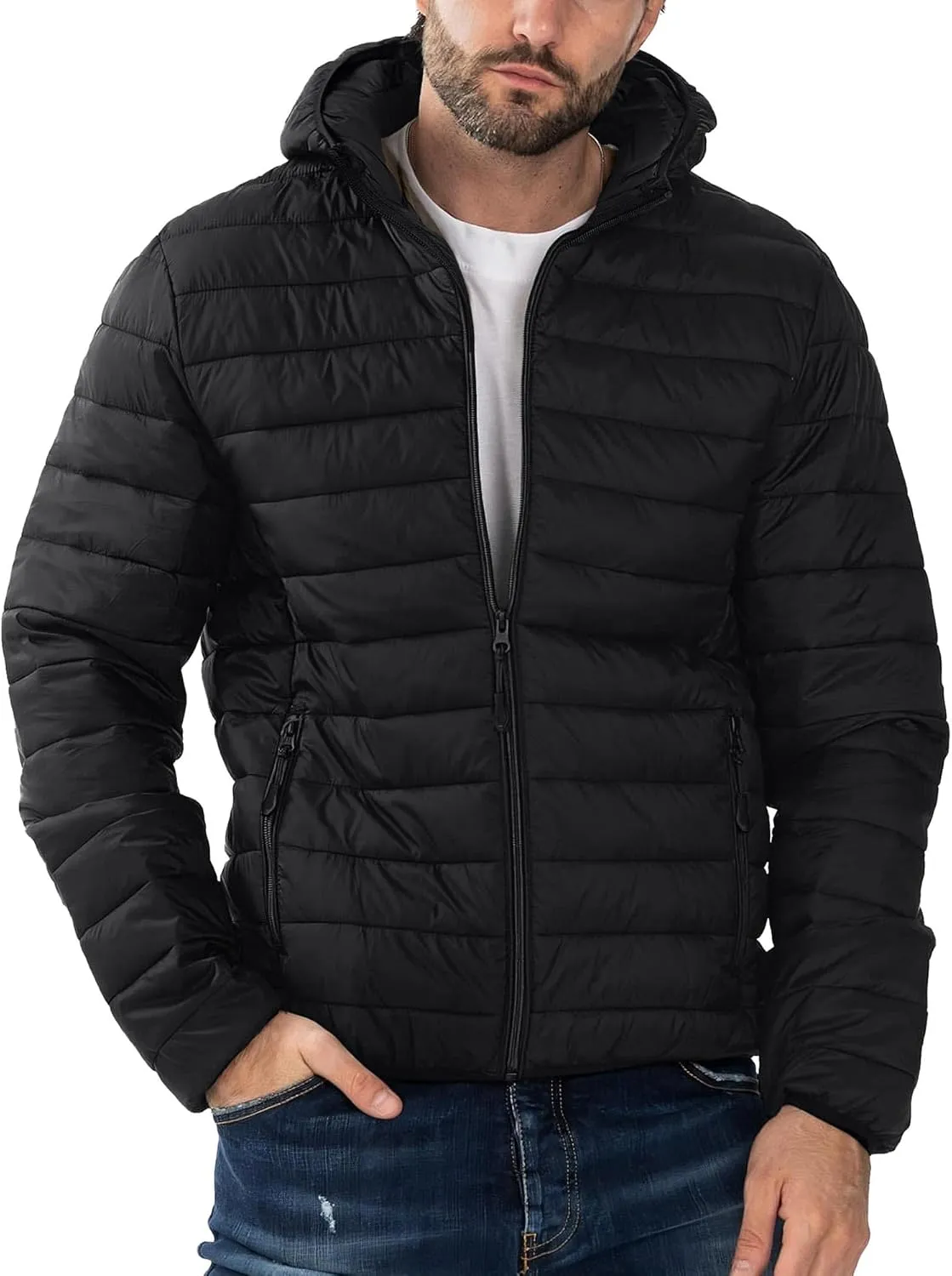 Polu Men's Puffer Jacket with Hood Warm Lightweight Hooded Winter Coat Down Jacket For Men Work Outdoor Hiking