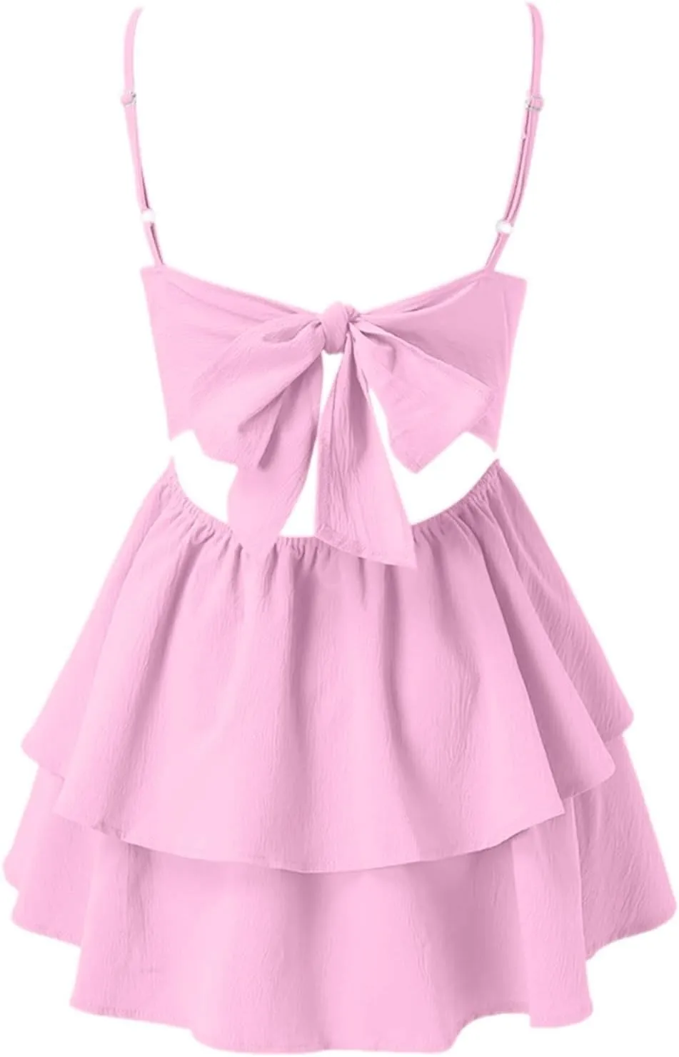 PTOLOCIF Women's Spaghetti Strap Dresses Square Neck Bow Backless Sleeveless Elastic Waist Ruffle Hem A-Line Mini Dress