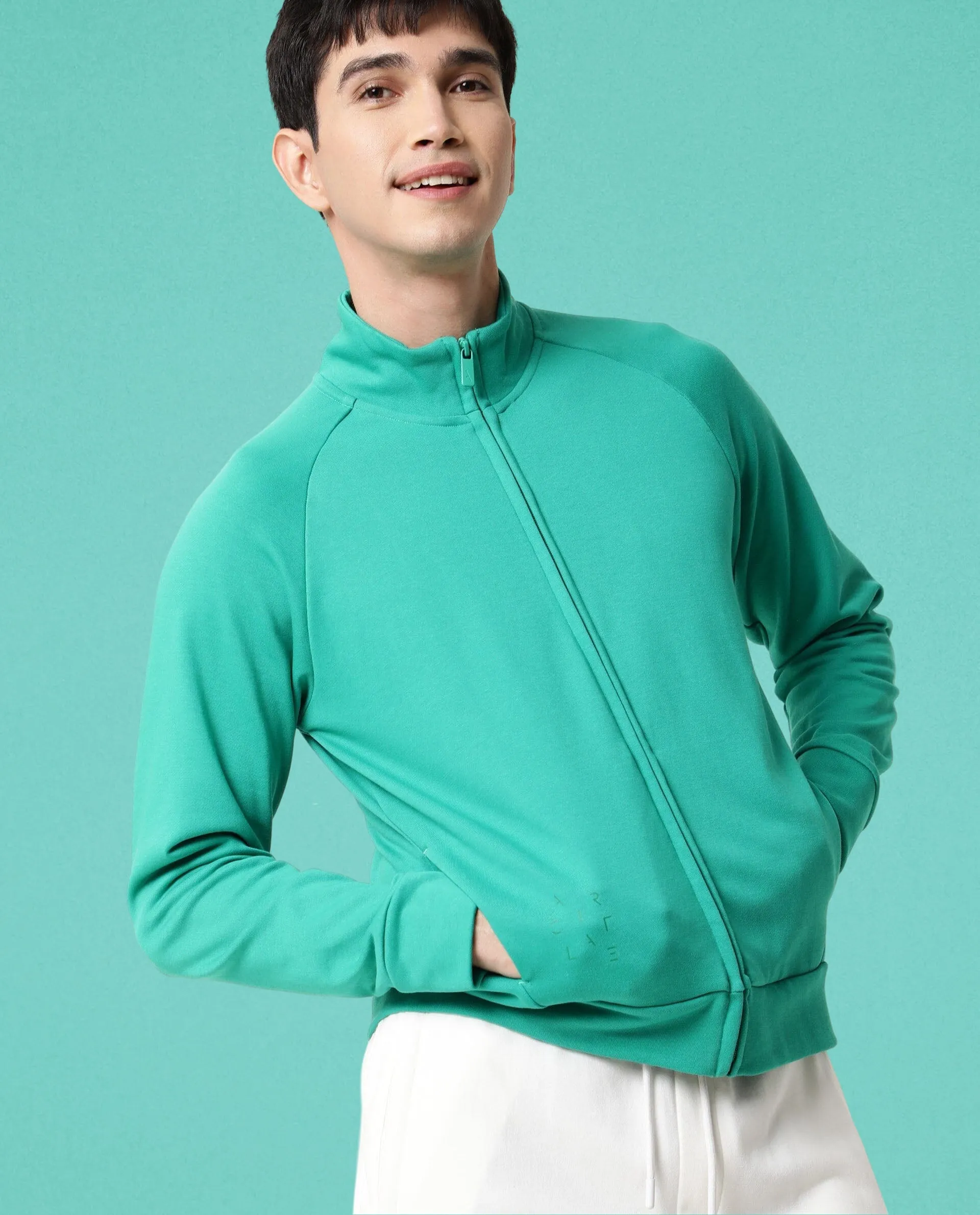Rare Rabbit Articale Men's Azil Emerald Green High Neck Zip-Up Jacket