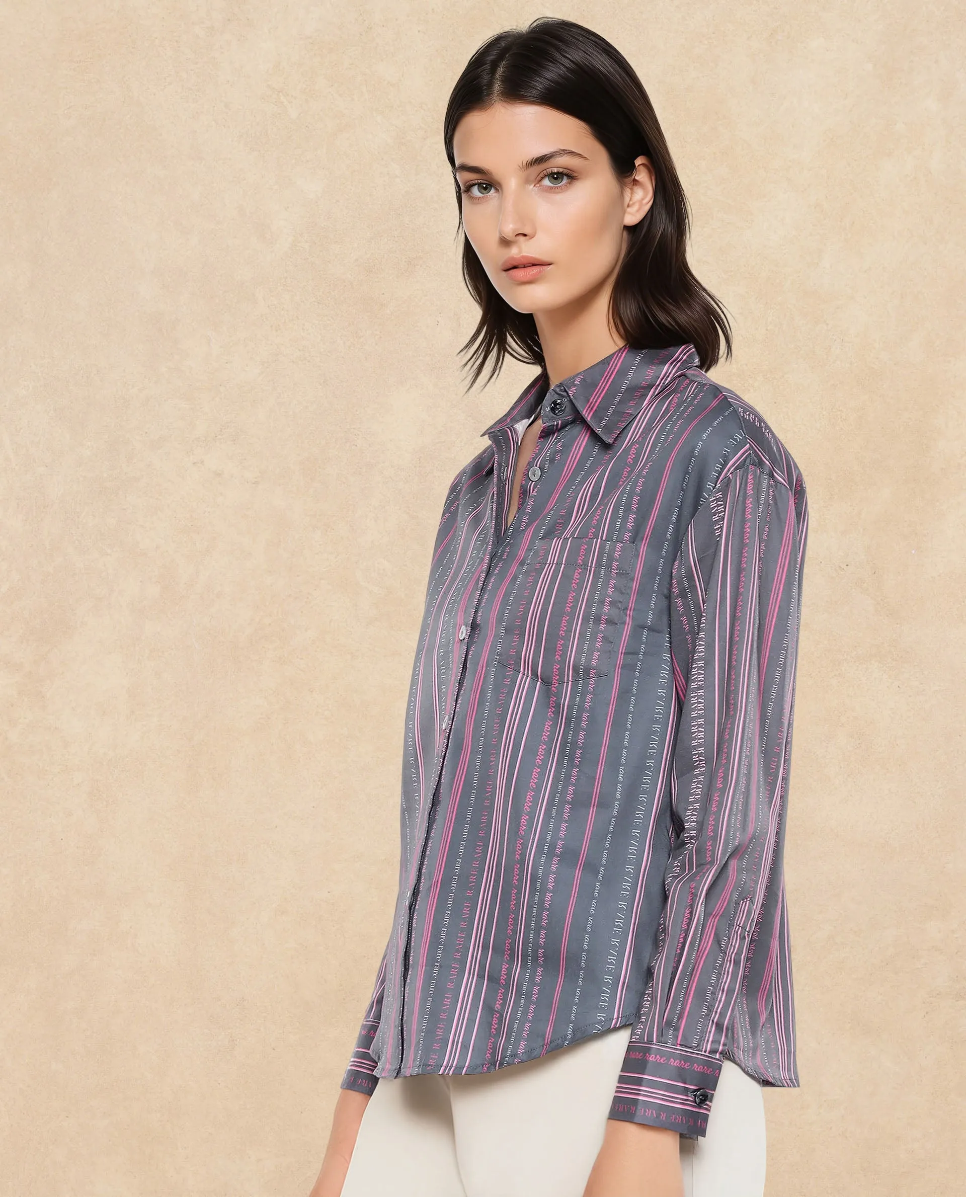 Rareism Women Aodh Grey 80'S Cotton Satin Fabric Cuffed Sleeve Collared Neck Button Closure Narrow Stripes Top