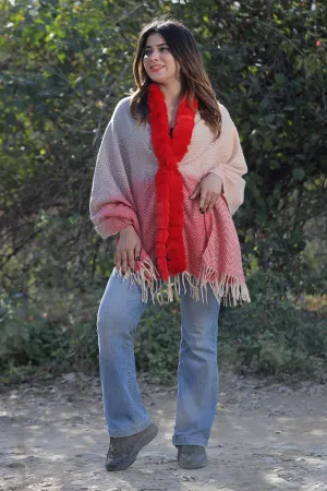 Red & Beige Colour Woollen Cashmere Faux Fur Cape Stole.