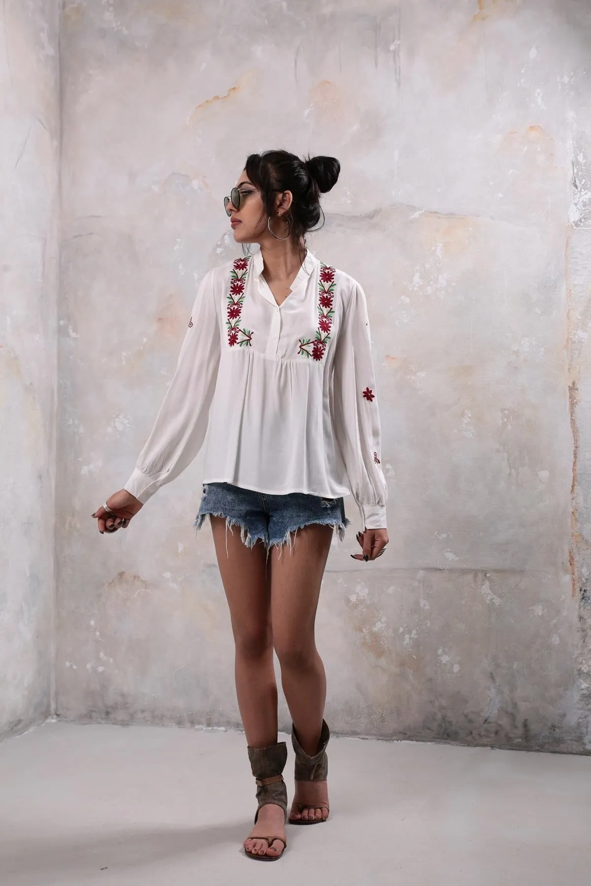 Red Floral Embroidered Cotton Blouse