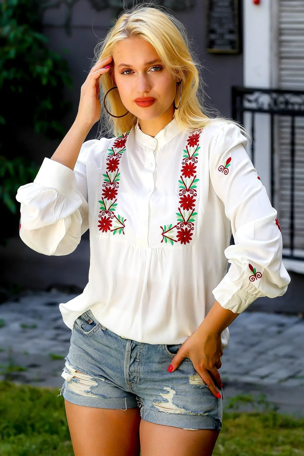 Red Floral Embroidered Cotton Blouse