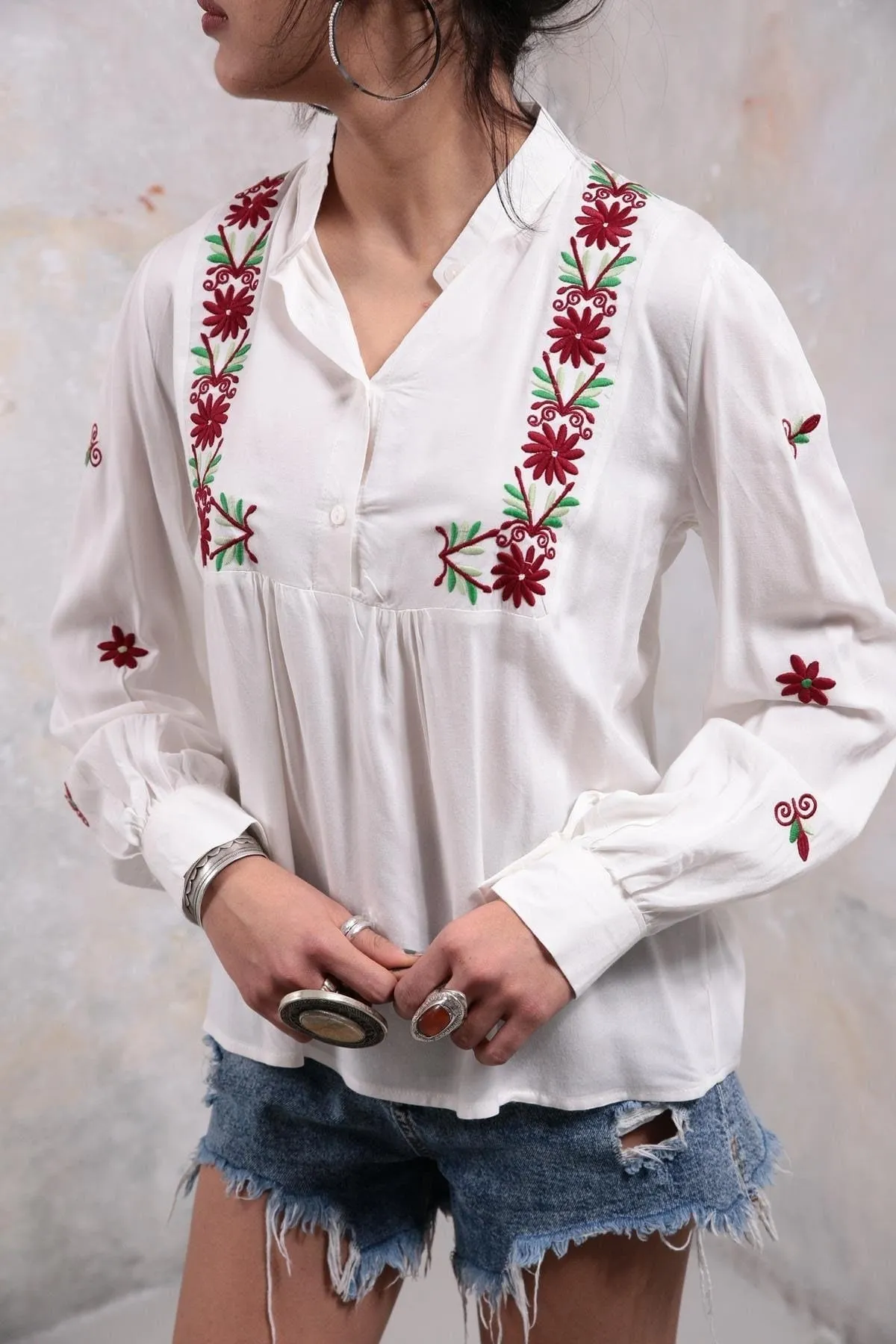 Red Floral Embroidered Cotton Blouse