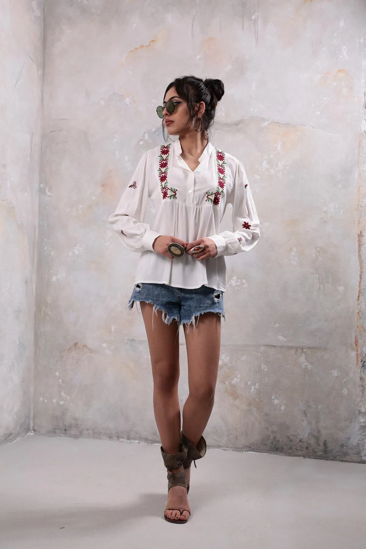 Red Floral Embroidered Cotton Blouse