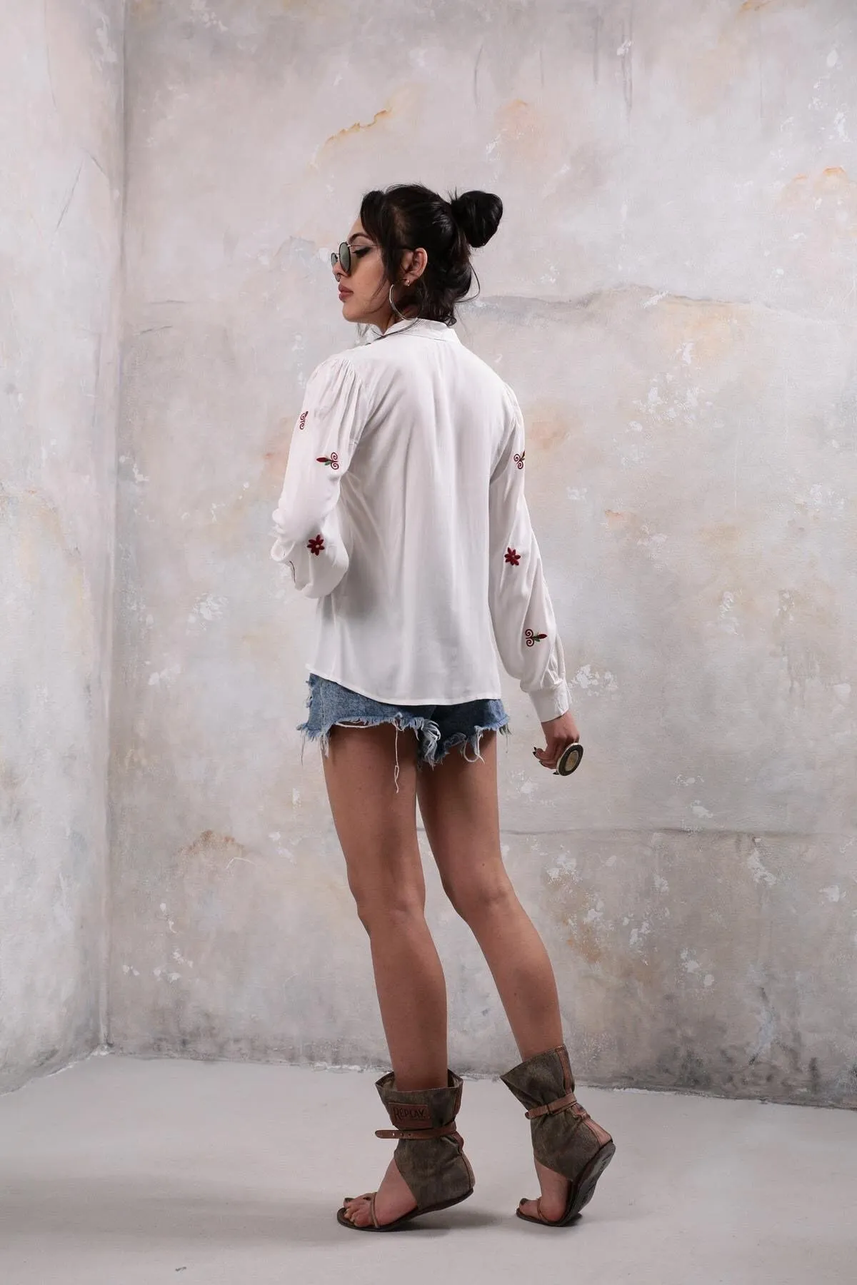 Red Floral Embroidered Cotton Blouse