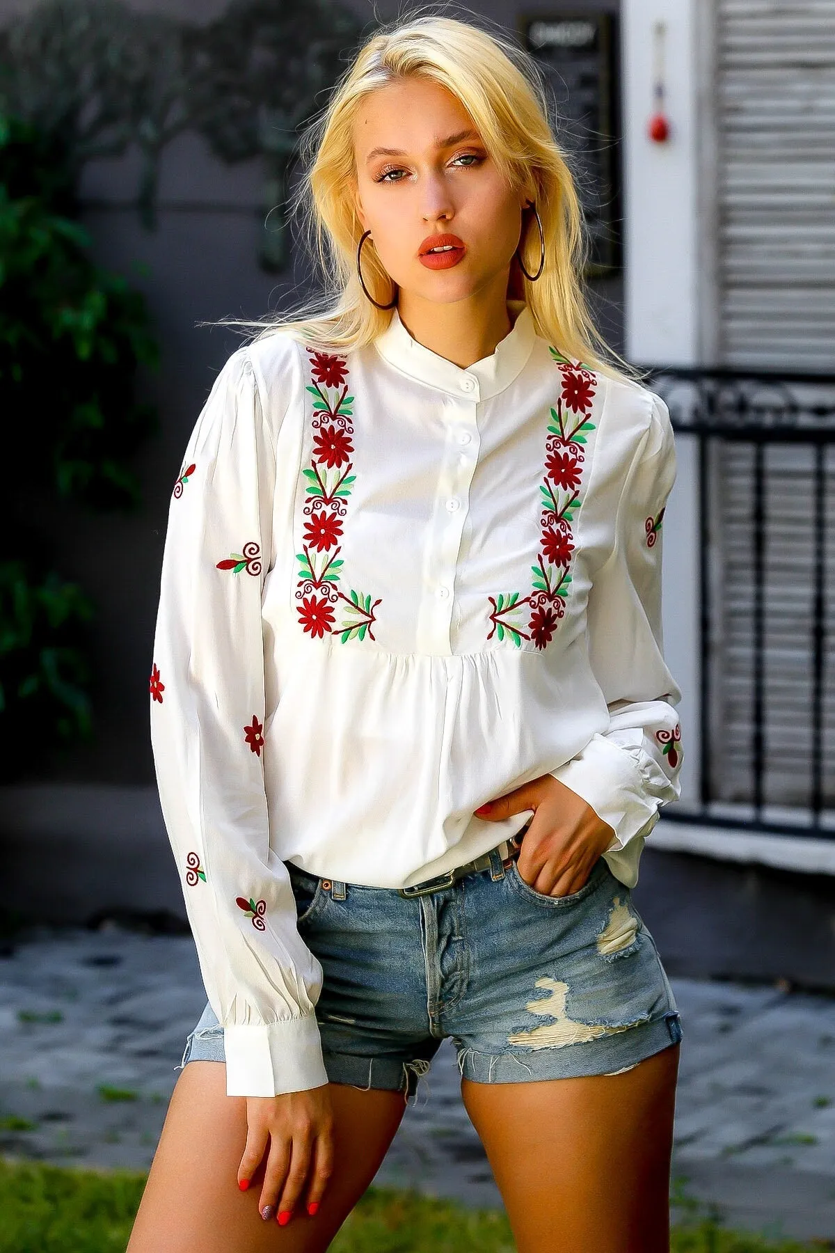Red Floral Embroidered Cotton Blouse