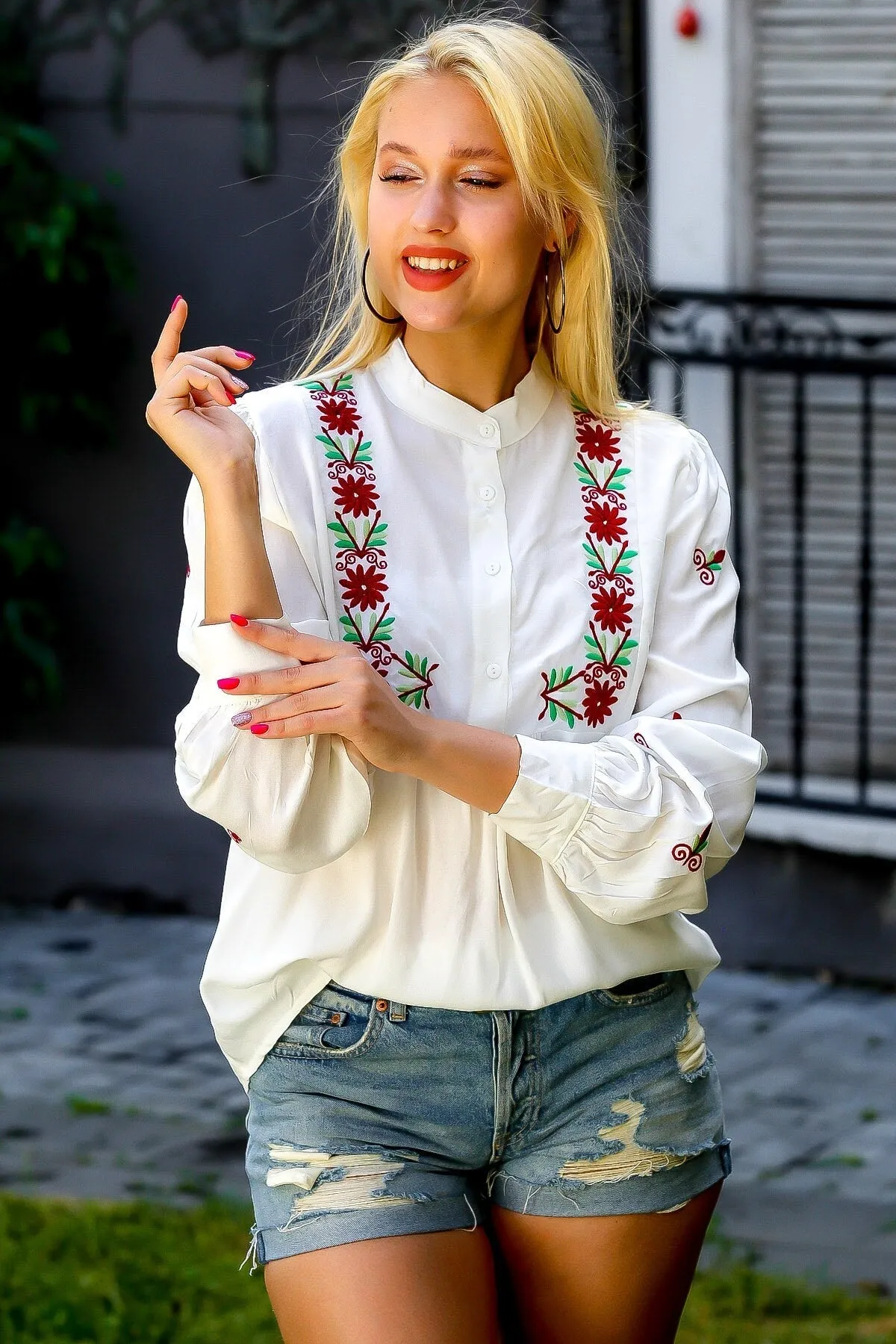 Red Floral Embroidered Cotton Blouse