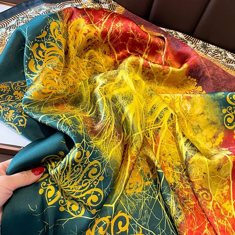 Retro Design Tropical Floral Printed Colorful Satin Silk Scarf