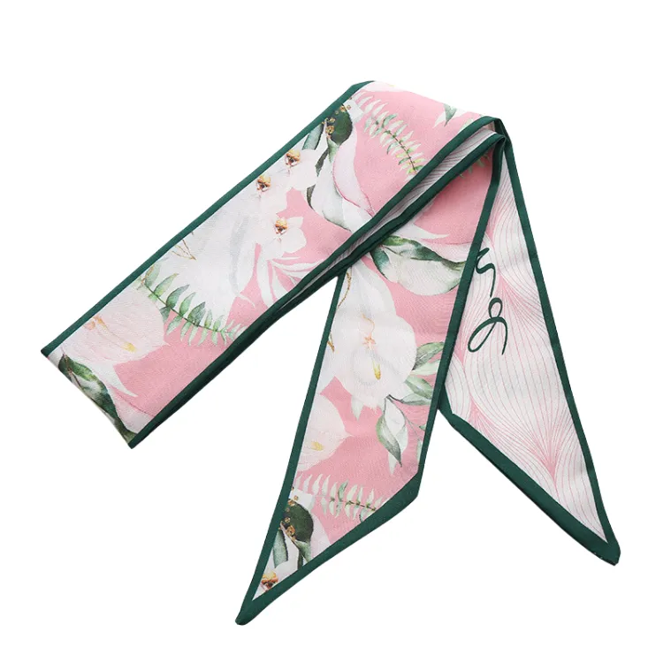 Ribbon Floral Print Twilly Scarf For Bags Purse