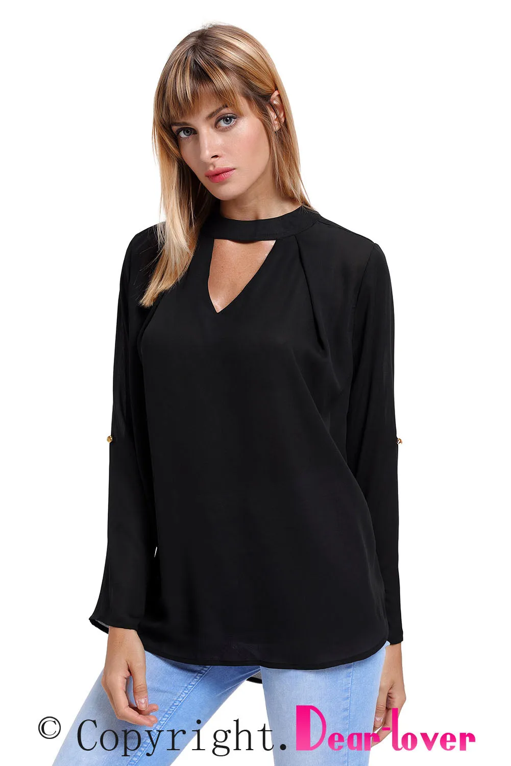 Sexy Black Choker Cut out V Neck Blouse with Keyhole Back