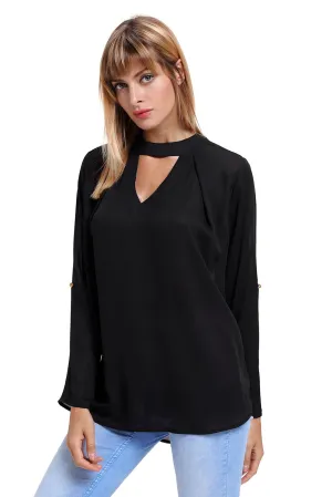 Sexy Black Choker Cut out V Neck Blouse with Keyhole Back