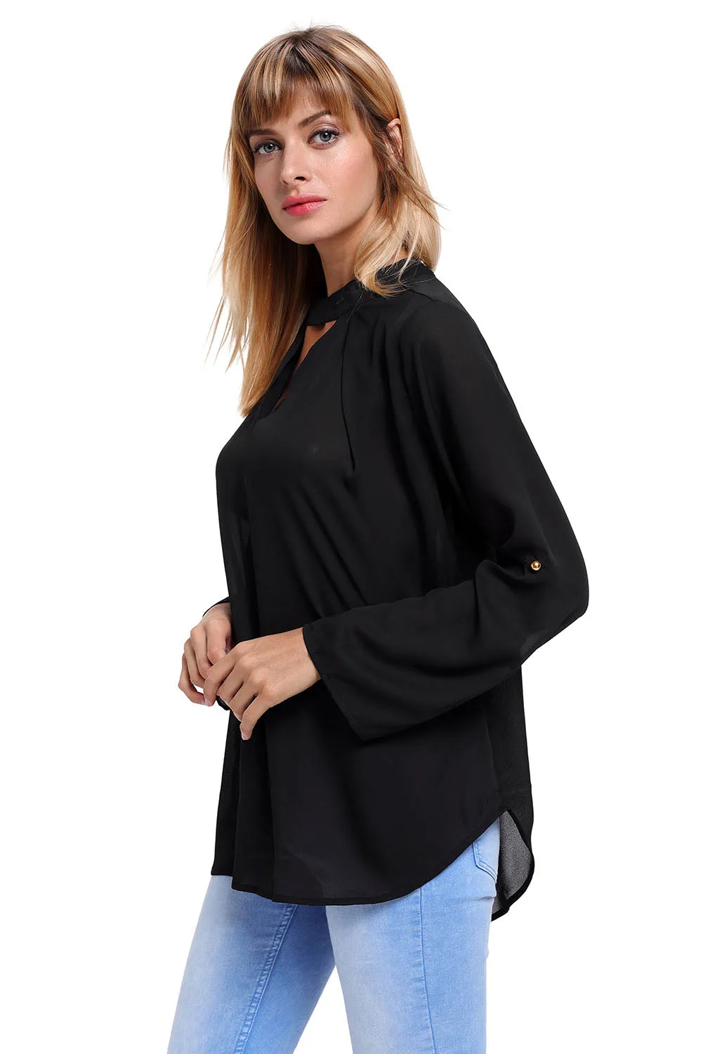 Sexy Black Choker Cut out V Neck Blouse with Keyhole Back