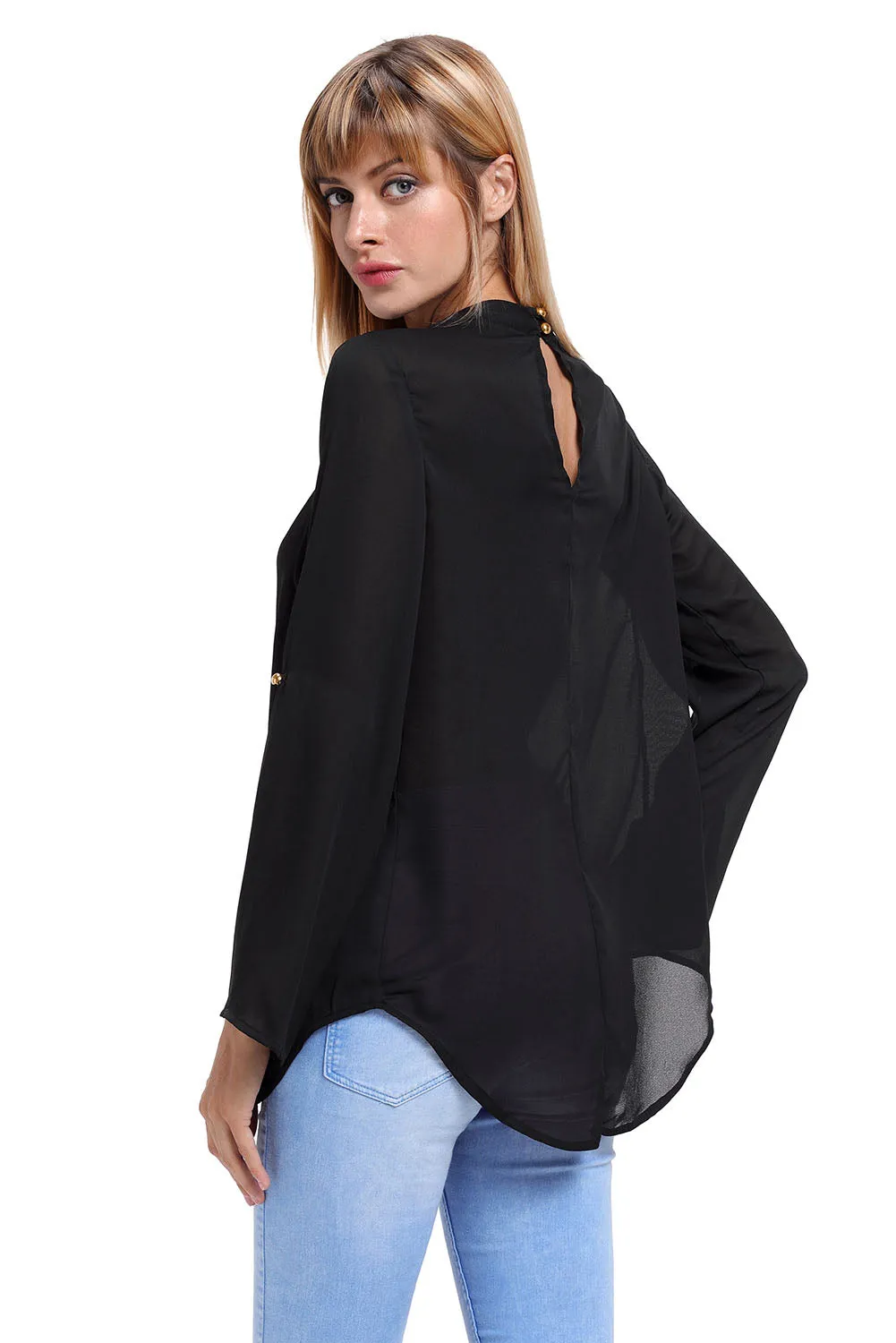 Sexy Black Choker Cut out V Neck Blouse with Keyhole Back