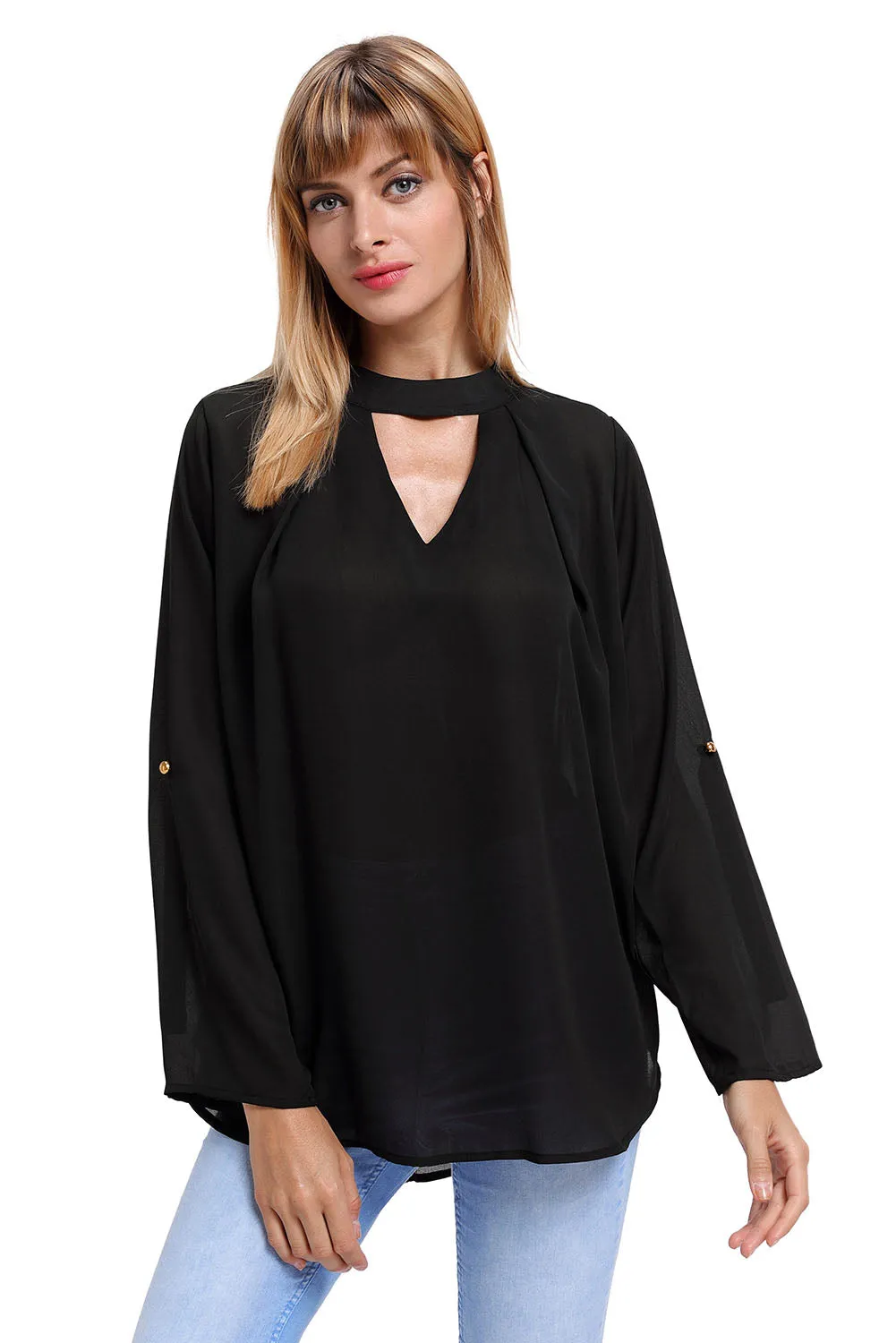 Sexy Black Choker Cut out V Neck Blouse with Keyhole Back