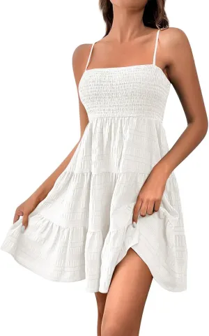 Summer Dresses for Women 2025 Mini Ruffle Hem Cami Short Sundresses Tiered Dress Spaghetti Strap Spaghetti Strap Dresses for Women Short Summer Cami Dress(2-White,XX-Large)