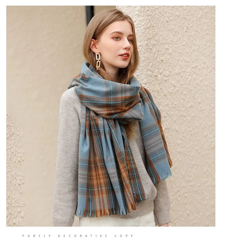 Tassled Imitated Cashmere Warm Plaid Print Shawl Scarf