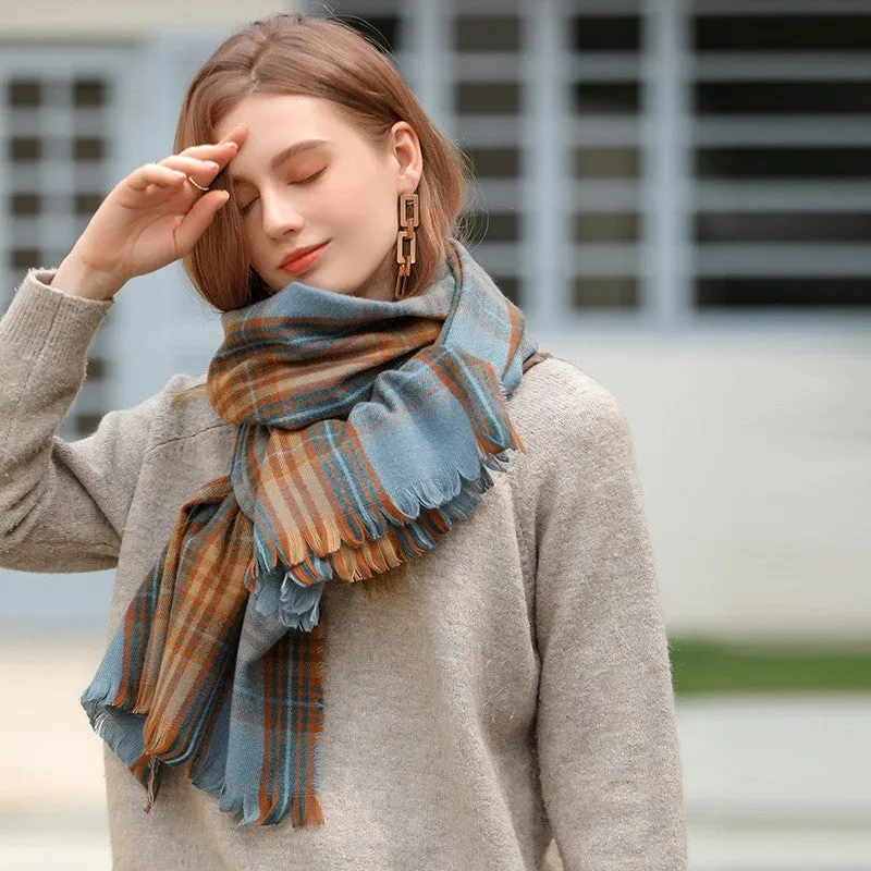 Tassled Imitated Cashmere Warm Plaid Print Shawl Scarf
