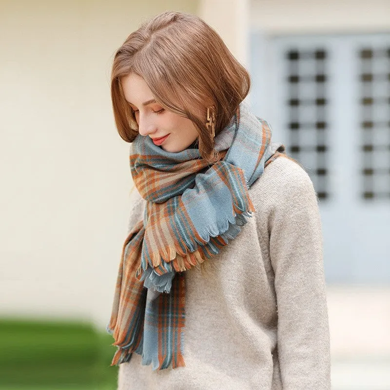 Tassled Imitated Cashmere Warm Plaid Print Shawl Scarf
