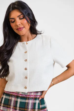 This Time Ivory Tweed Collarless Jacket Top FINAL SALE