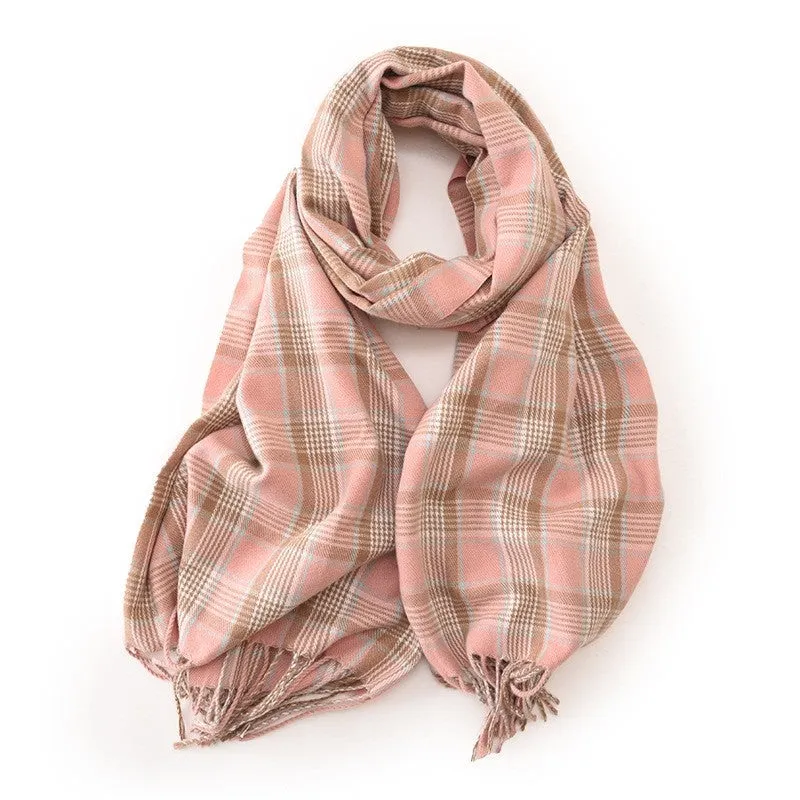 Unisex Contrast Color Plaid Tassel Warm Imitation Cashmere Scarf