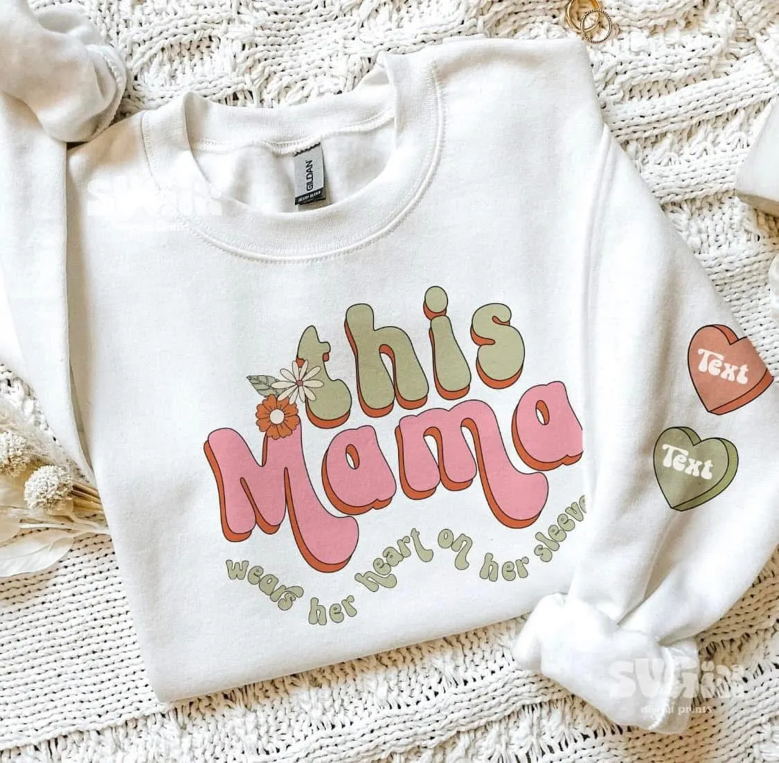 Valentine retro This Mama Wears her Heart on her Sleeve graphic design