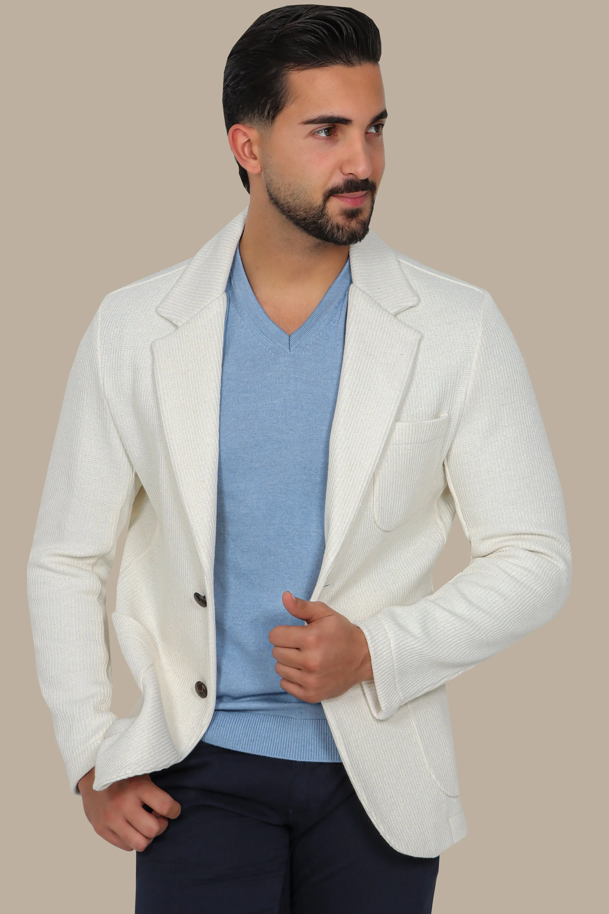 White Cotton Mercerized Blazer with Notch Lapel