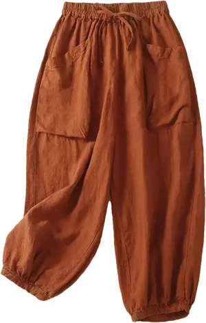 Women Casual Cotton Pants Summer Loose Pockets Elastic High Waist Lantern Harem Trousers