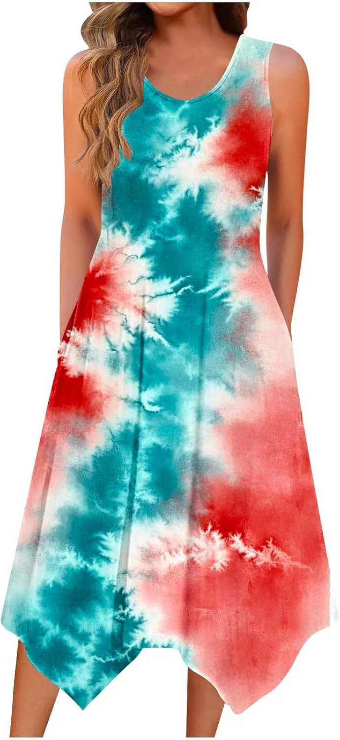 Womens Casual Dress for Summer Tank Dress Loose Flowy Beach Dress with Pocket Trendy Flare Midi Sundress 2025 Plus Size Dress
