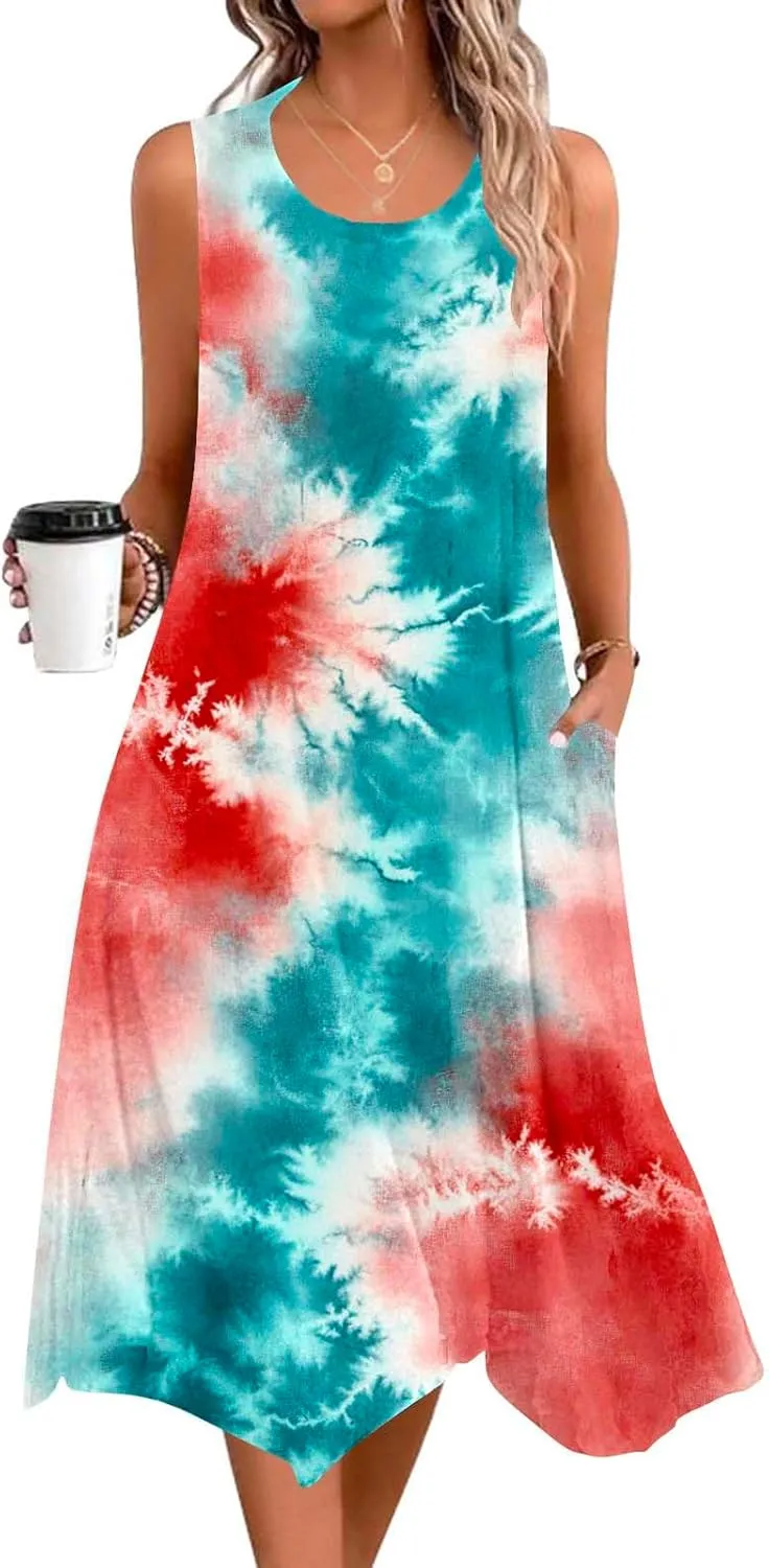 Womens Casual Dress for Summer Tank Dress Loose Flowy Beach Dress with Pocket Trendy Flare Midi Sundress 2025 Plus Size Dress